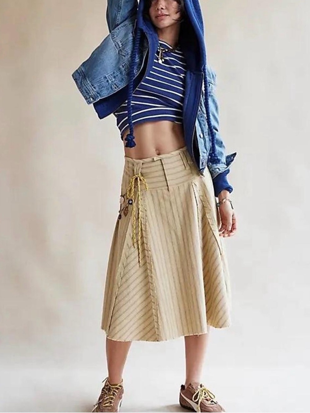 Free People Beige Pinstripe A-Line Midi Skirt